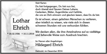 Anzeige  Lothar Ehrich  Lippische Landes-Zeitung