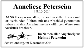 Anzeige  Anneliese Peterseim  Lippische Landes-Zeitung