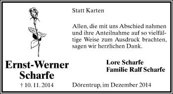 Anzeige  Ernst-Werner Scharfe  Lippische Landes-Zeitung