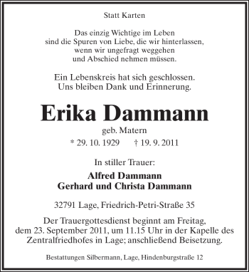 Anzeige  Erika Dammann  Lippische Landes-Zeitung