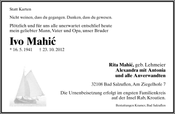 Anzeige  Ivo Mahic  Lippische Landes-Zeitung