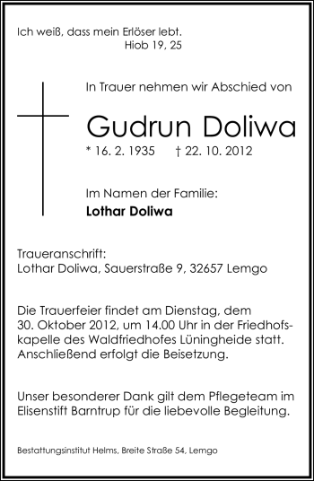 Anzeige  Gudrun Doliwa  Lippische Landes-Zeitung