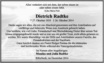 Anzeige  Dietrich Radtke  Lippische Landes-Zeitung