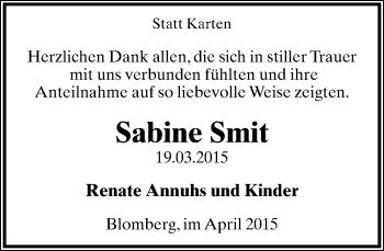 Anzeige  Sabine Smit  Lippische Landes-Zeitung