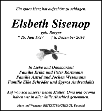 Anzeige  Elsbeth Sisenop  Lippische Landes-Zeitung