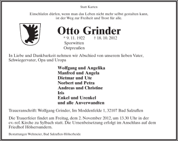 Anzeige  Otto Grinder  Lippische Landes-Zeitung
