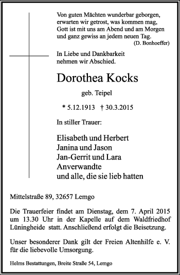 Anzeige  Dorothea Kocks  Lippische Landes-Zeitung