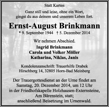Anzeige  Ernst-August Brinkmann  Lippische Landes-Zeitung