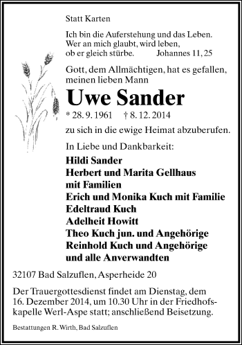 Anzeige  Uwe Sander  Lippische Landes-Zeitung