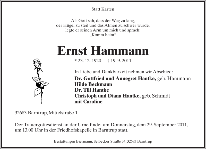  Traueranzeige für Ernst Hammann vom 24.09.2011 aus Lippische Landes-Zeitung