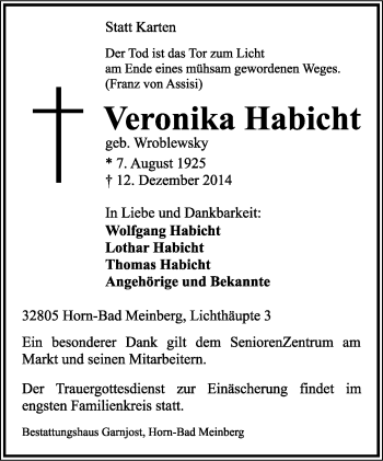 Anzeige  Veronika Habicht  Lippische Landes-Zeitung