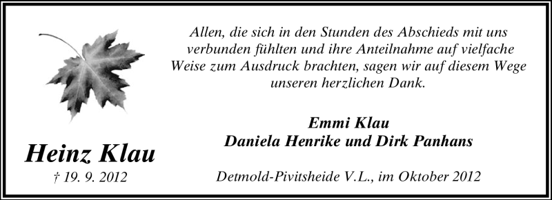  Traueranzeige für Heinz Klau vom 27.10.2012 aus Lippische Landes-Zeitung