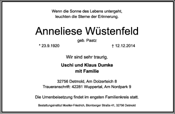 Anzeige  Anneliese Wüstenfeld  Lippische Landes-Zeitung