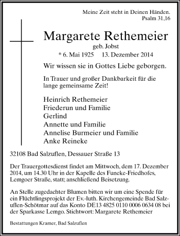 Anzeige  Margarete Rethemeier  Lippische Landes-Zeitung
