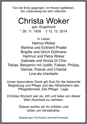 Anzeige  Christa Woker  Lippische Landes-Zeitung