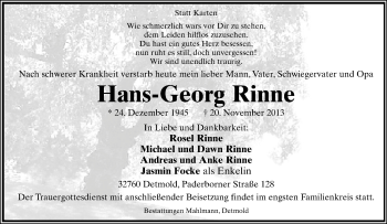 Anzeige  Hans-Georg Rinne  Lippische Landes-Zeitung