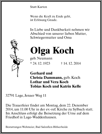 Anzeige  Olga Koch  Lippische Landes-Zeitung
