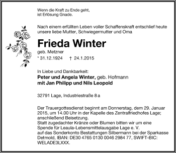 Anzeige  Frieda Winter  Lippische Landes-Zeitung