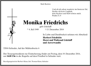 Anzeige  Monika Friedrichs  Lippische Landes-Zeitung