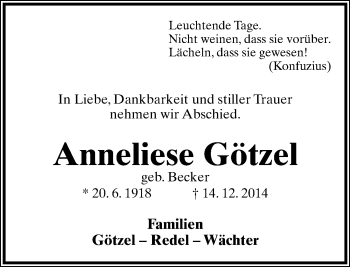 Anzeige  Anneliese Götzel  Lippische Landes-Zeitung
