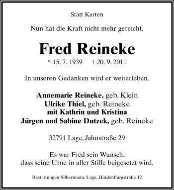Anzeige  Fred Reineke  Lippische Landes-Zeitung