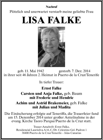 Anzeige  Lisa Falke  Lippische Landes-Zeitung
