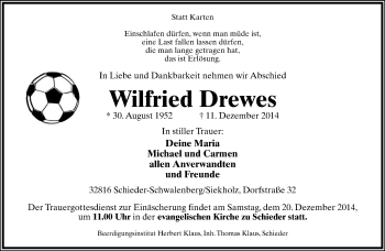Anzeige  Wilfried Drewes  Lippische Landes-Zeitung