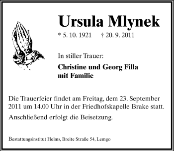 Anzeige  Ursula Mlynek  Lippische Landes-Zeitung