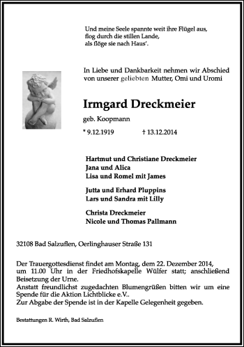 Anzeige  Irmgard Dreckmeier  Lippische Landes-Zeitung