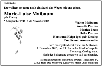 Anzeige  Marie-Luise Maibaum  Lippische Landes-Zeitung