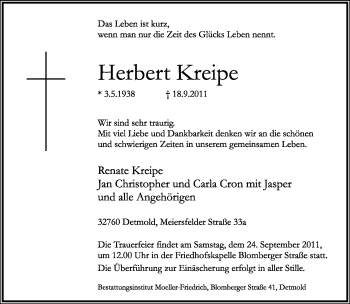Anzeige  Herbert Kreipe  Lippische Landes-Zeitung