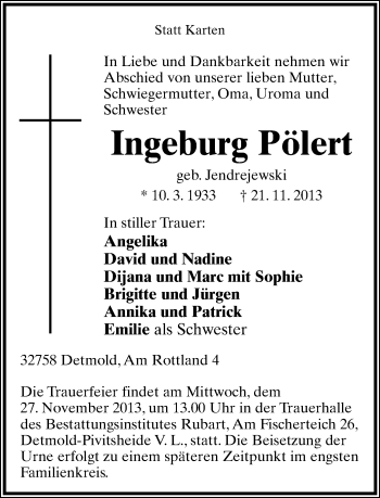 Anzeige  Ingeburg Pölert  Lippische Landes-Zeitung