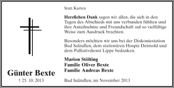 Anzeige  Günter Bexte  Lippische Landes-Zeitung
