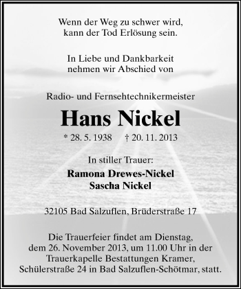 Anzeige  Hans Nickel  Lippische Landes-Zeitung
