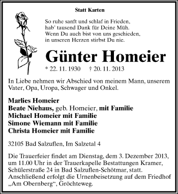 Anzeige  Günter Homeier  Lippische Landes-Zeitung