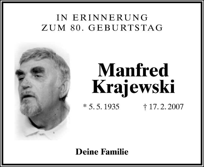  Traueranzeige für Manfred Krajewski vom 05.05.2015 aus Lippische Landes-Zeitung