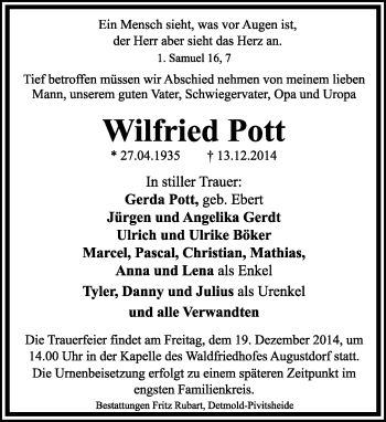 Anzeige  Wilfried Pott  Lippische Landes-Zeitung