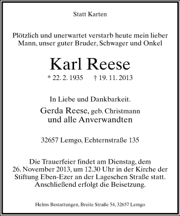 Anzeige  Karl Reese  Lippische Landes-Zeitung