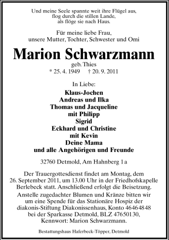 Anzeige  Marion Schwarzmann  Lippische Landes-Zeitung