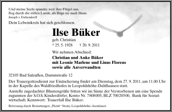 Anzeige  Ilse Büker  Lippische Landes-Zeitung