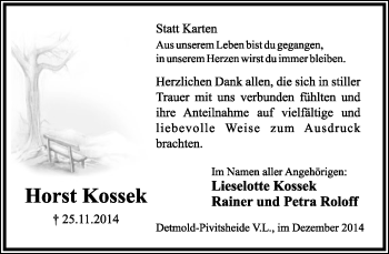 Anzeige  Horst Kossek  Lippische Landes-Zeitung
