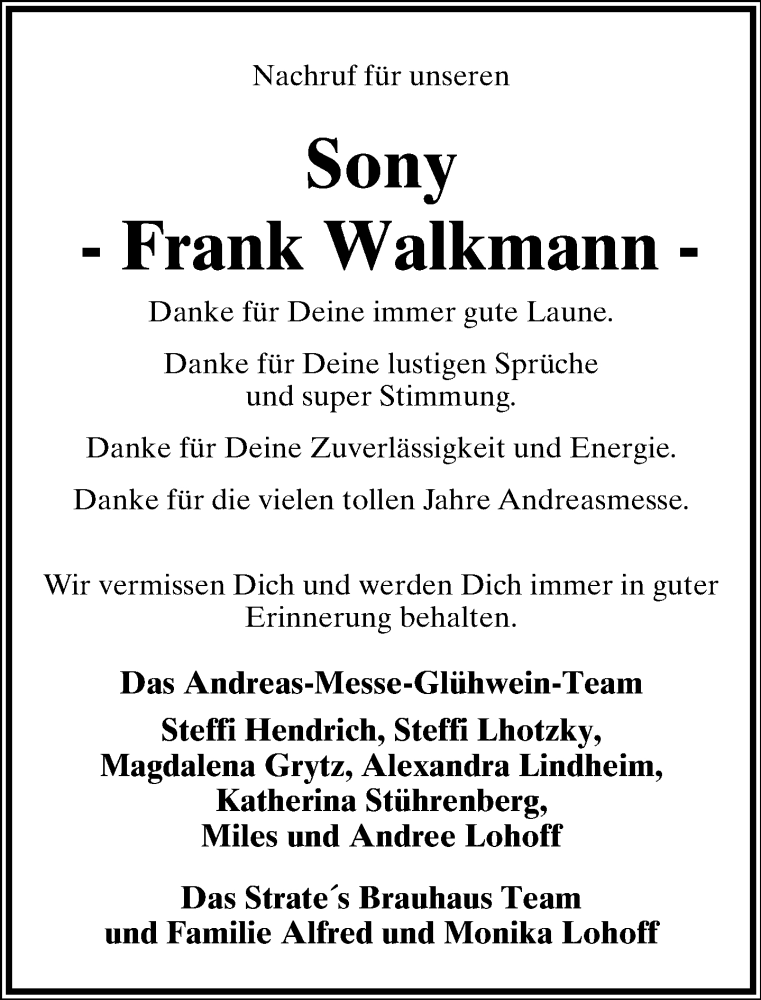  Traueranzeige für Frank Walkmann vom 27.11.2013 aus Lippische Landes-Zeitung