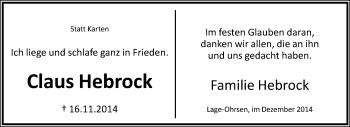 Anzeige  Claus Hebrock  Lippische Landes-Zeitung