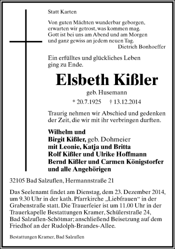 Anzeige  Elsbeth Kißler  Lippische Landes-Zeitung