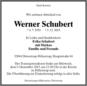 Anzeige  Werner Schubert  Lippische Landes-Zeitung