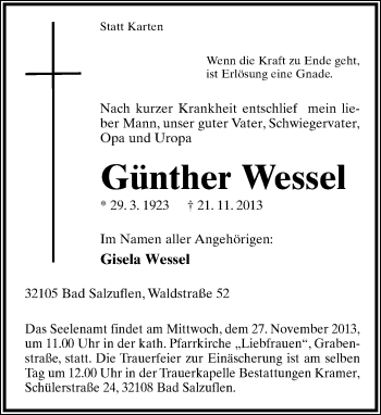 Anzeige  Günther Wessel  Lippische Landes-Zeitung