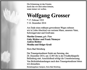 Anzeige  Wolfgang Grosser  Lippische Landes-Zeitung