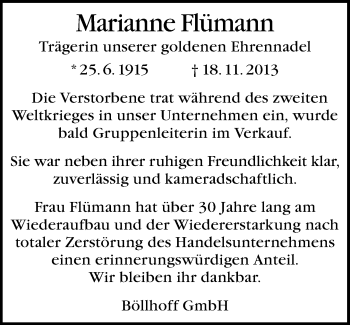 Anzeige  Marianne Flümann  Lippische Landes-Zeitung