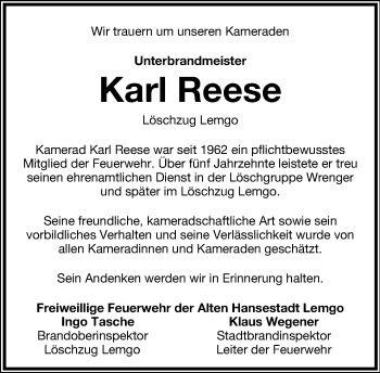 Anzeige  Karl Reese  Lippische Landes-Zeitung
