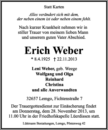 Anzeige  Erich Weber  Lippische Landes-Zeitung